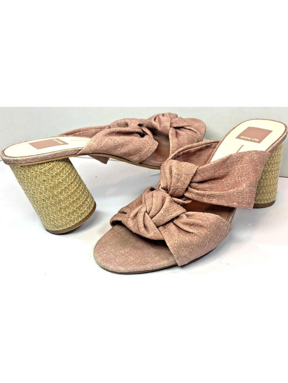 Dolce Vita Knotted Block Heel Sandals Raffia Sides Pink Fabric Upper Size 10